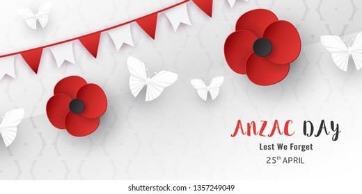 Happy Anzac Day on 25 April for who served and died in Australia and New Zealand war. Template element design for banner, poster, greeting, invitation. Vector illustration in paper cut, craft style.