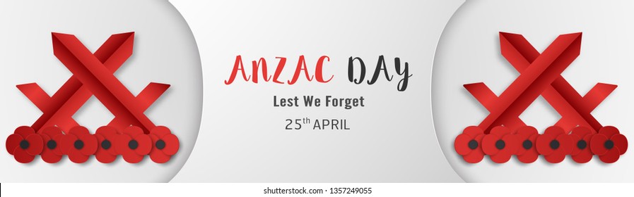 Happy Anzac Day on 25 April for who served and died in Australia and New Zealand war. Template element design for banner, poster, greeting, invitation. Vector illustration in paper cut, craft style.