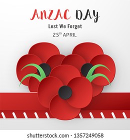 Happy Anzac Day on 25 April for who served and died in Australia and New Zealand war. Template element design for banner, poster, greeting, invitation. Vector illustration in paper cut, craft style.