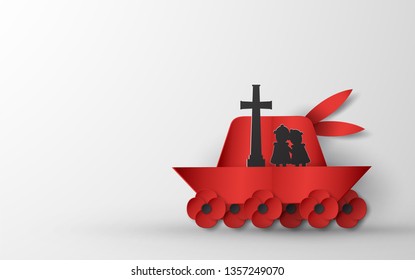 Happy Anzac Day on 25 April for who served and died in Australia and New Zealand war. Template element design for banner, poster, greeting, invitation. Vector illustration in paper cut, craft style.