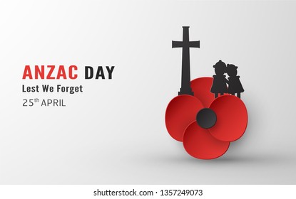 Happy Anzac Day on 25 April for who served and died in Australia and New Zealand war. Template element design for banner, poster, greeting, invitation. Vector illustration in paper cut, craft style.