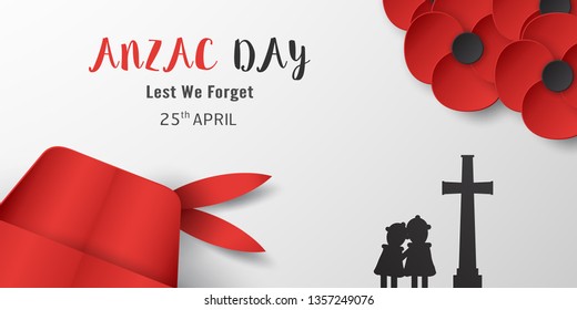 Happy Anzac Day on 25 April for who served and died in Australia and New Zealand war. Template element design for banner, poster, greeting, invitation. Vector illustration in paper cut, craft style.