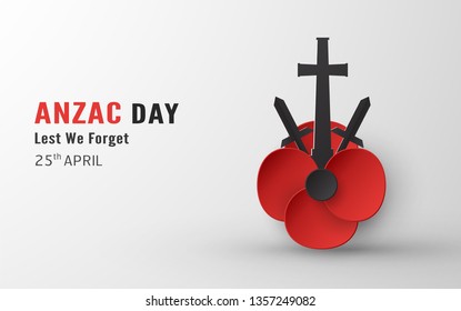 Happy Anzac Day on 25 April for who served and died in Australia and New Zealand war. Template element design for banner, poster, greeting, invitation. Vector illustration in paper cut, craft style.