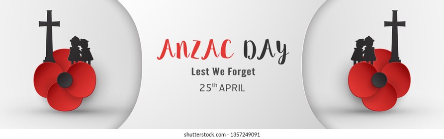 Happy Anzac Day on 25 April for who served and died in Australia and New Zealand war. Template element design for banner, poster, greeting, invitation. Vector illustration in paper cut, craft style.