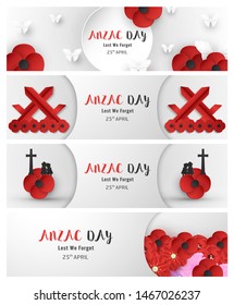 Happy Anzac Day on 25 April for who served and died in Australia and New Zealand war. Template element design for banner, poster, greeting, invitation. Vector illustration in paper cut, craft style.