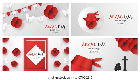 Happy Anzac Day on 25 April for who served and died in Australia and New Zealand war. Template element design for banner, poster, greeting, invitation. Vector illustration in paper cut, craft style.