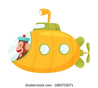 Happy Ape in Submarine Ship Swimming Underwater Vector Illustration