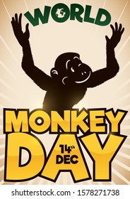 Happy ape winking at you and open arms giving the welcome to World Monkey Day, over a golden and greeting message with the date: 14th December.