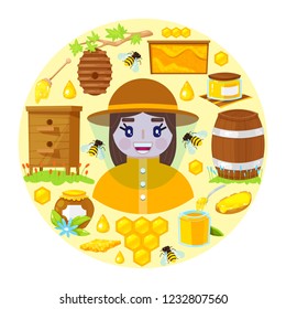 Happy apiarist in protective clothes and with different objects of beekeeping. Apiary theme. Vector illustration.