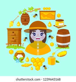 Happy apiarist in protective clothes and with different objects of beekeeping. Apiary theme. Vector illustration.