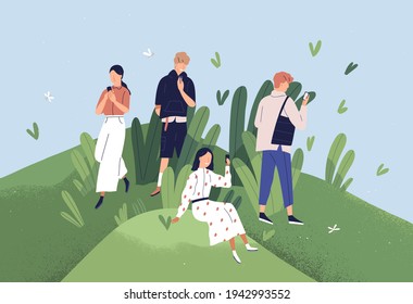 Happy app users with mobile phones. Good customers' support and friendly online environment concept. People using usable applications with beautiful pleasant design. Colored flat vector illustration
