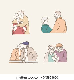 Happy appearance of an elderly couple. hand drawn illustrations. vector doodle design