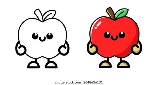 happy apple cartoon character design complete with sketch, apple icon, apple logo, great as sticker and emot.