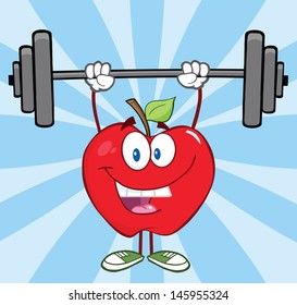 Happy Apple Cartoon Character Lifting Weights. Vector EPS 10