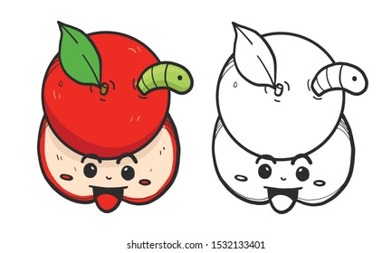 Happy apple character with worm, mascot design. Vector illustration
