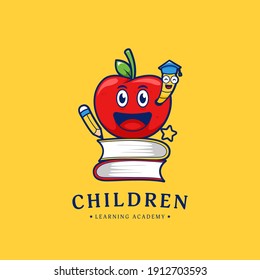 Happy apple children education learning academy logo icon with apple and happy worm illustration vector mascot