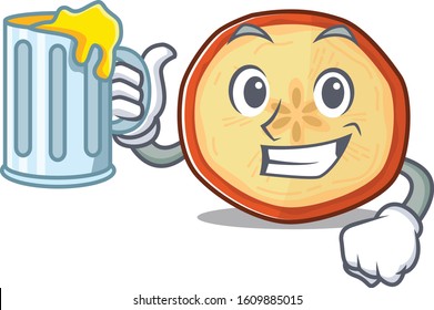Happy apple chips mascot design with a big glass