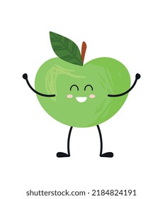 Happy apple icon. Sticker for social networks. Natural, organic and fresh green product. Emotions, feelings, gesture and expression. Graphic element for website. Cartoon flat vector illustration