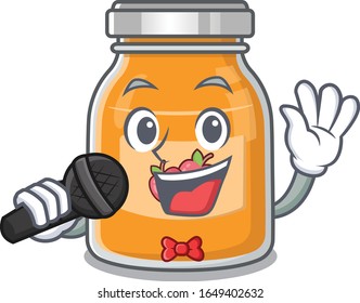 Happy apple jam singing on a microphone