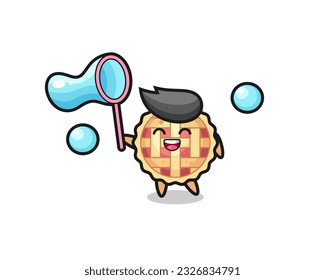 happy apple pie cartoon playing soap bubble , cute style design for t shirt, sticker, logo element