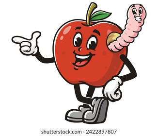 happy Apple with worm cartoon mascot illustration character vector clip art hand drawn