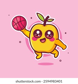 happy apricot fruit character mascot playing basketball isolated cartoon