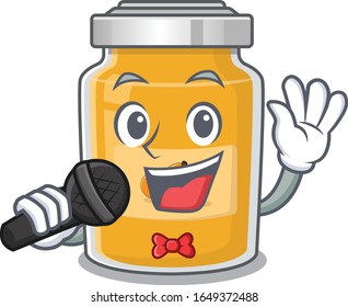 Happy apricot singing in on a microphone