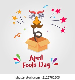 Happy April fools day with box surprise and silly face. Happy April fools day design. Prank April fools day vector illustration