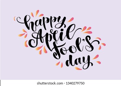 happy April fool's day calligraphic handwriting lettering. Vector black and  text isolated on a purple background with gradient decorative drops. For web, poster, banner, greeting card. Template.