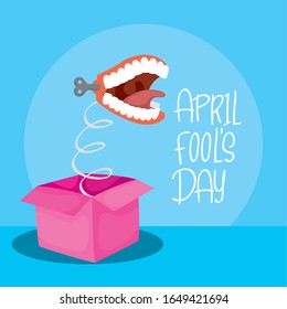 happy april fools day card with surprise box and crazy mouth vector illustration