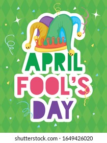 happy april fools day card with lettering and buffoon hat vector illustration design