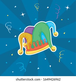 happy april fools day card with buffoon hat vector illustration design