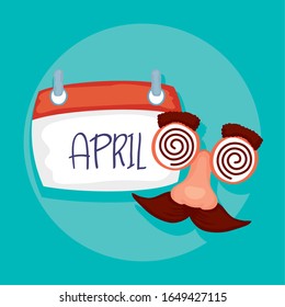 happy april fools day card with calendar and crazy mask vector illustration design