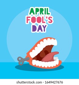 happy april fools day card with lettering and crazy mouth vector illustration design