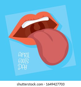 happy april fools day card with lettering and crazy mouth vector illustration design