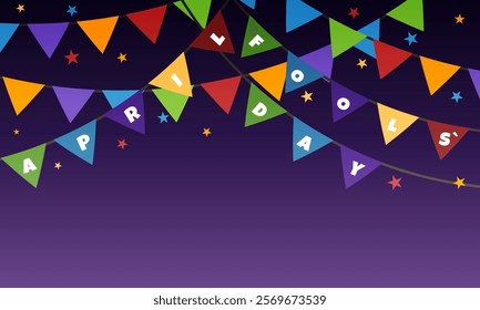 Happy April Fools` Day. Festive background with colorful flags. Holiday, celebration party. Vector illustration