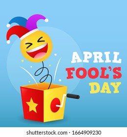 happy april fools day illustration with surprise box and emoticon and hat