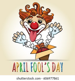 Happy April Fool's Day Illustration. Toy Clown springing out of a box. Vector illustration in cartoon style.
