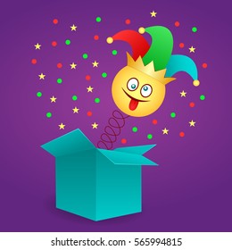 Happy April Fool's Day. Jack in the box toy, springing out of a box. Vector illustration