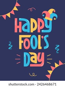 Happy April Fools Day Phrase. Vector Colorful Hand Lettering with Decoration. Fool Day Handwritten Text for Greeting Card.