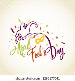 Happy April Fools Day. Typographical Greeting card design with carnival elements.