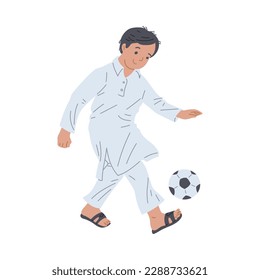 Happy arab boy playing football game, flat vector illustration isolated on white background. Smiling muslim child kicking ball. Concepts of childhood, entertainment and sport.