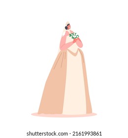 Happy Arab Bride Character in Long Dress and Tiara Holding Bouquet Isolated on White Background. Islamic Wedding Ceremony, Marriage, Bridal Process, Arabic Muslim Newlywed. Cartoon Vector Illustration