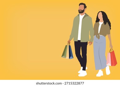 Felices Clientes árabes mirando a un lado en el espacio libre. Panorama, Duración completa, gran oferta de compras. Pareja árabe sonriente posando con bolsas de compras de papel sosteniendo las manos sobre fondo amarillo del estudio
