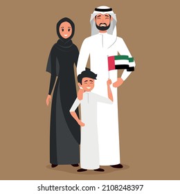 Happy arab emirates family in national day illustration.Emirates Boy with national uea flag vector.