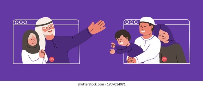 Happy arab family chatting by video call. Young muslim man calls his elderly parents by video conference. Communication at a distance of safety in quarantine. Vector illustration in a flat style.