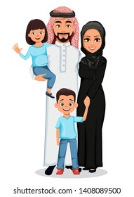 Happy Arab family. Father, mother, son and daughter. Cheerful cartoon characters. Parents and children. Vector illustration
