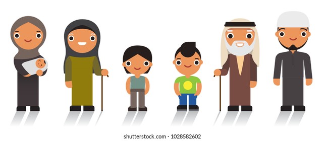 Happy arab family, muslim people, saudi cartoon man and woman. Arab people father, mother, son, daughter, grandmother and grandfather standing together. Vector illustration.