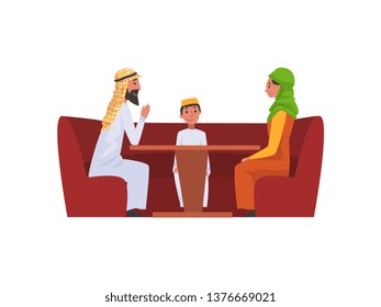 Happy Arab Family in National Clothes in Cafe, Muslim Parents with Their Son Sitting at Table Vector Illustration