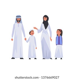 Happy Arab Family in National Clothes, Muslim Parents and Two Children Vector Illustration